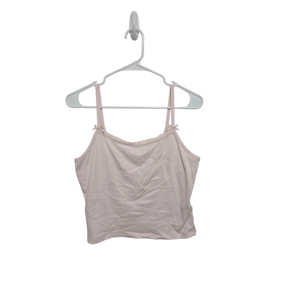 Ardene Ribbed Cropped Tank Top Women's Light Pink Lace Trim Bow Accent - Large